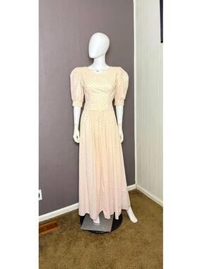 1970's Calico Floral Floor Length Prairie Dress Pale Pink Puff Sleeve Handmade